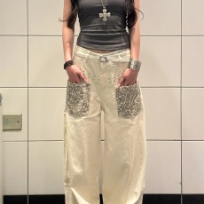 批发美式复古豹纹拼接铆钉阔腿裤男女年夏宽松<b class='q'>设计</b>感街头风拖地长裤潮