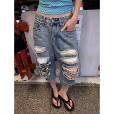 批发美式街头双腰头泥黄脏染破洞牛仔七分裤男女<b class='q'>设计</b>感宽松短裤潮