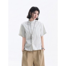 批发潮流美式复古竖条纹立领短袖<b class='q'>衬衫</b>男款夏季老钱风宽松口袋潮牌<b class='q'>衬衣</b>