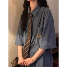 批发夏季美式复古学院风简约休闲宽松百搭短袖<b class='q'>衬衫</b>男女<b class='q'>上衣</b>潮