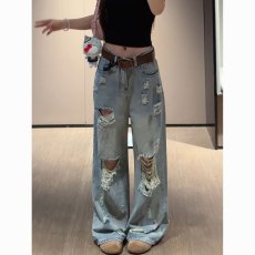 批发破洞牛仔裤女2026年新款辣妹炸街乞丐阔腿直筒裤子<b class='q'>设计</b>感小众春夏