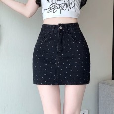 批发法式复古<b class='q'>圆点</b>牛仔半身裙女夏大码设计感高腰包臀中裙a字裙