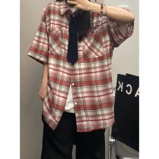 批发五分袖翻领免烫ins潮纯色夏季标准美式复古磨毛格纹短袖<b class='q'>衬衫</b>T恤男