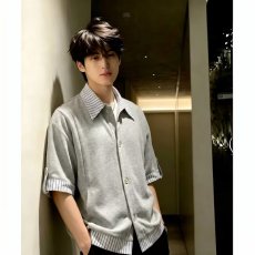 批发新款潮流复古拼色条纹假两件外套男女美式潮牌宽松情侣设计感<b class='q'>衬衫</b>
