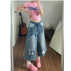 批发复古重工刺绣阔腿牛仔裤女春季高腰显瘦大摆裤垂感七分裤