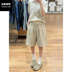批发老钱风杏色彷亚麻褶皱短裤男夏季松弛感宽松沙滩裤简约高端五分裤