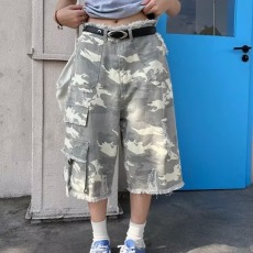 批发美式复古设计感小众迷彩工装裤男女潮牌宽松休闲直筒阔腿七分裤