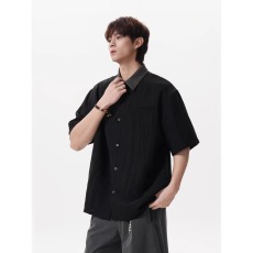 批发高级感宽松休闲古巴领短袖<b class='q'>衬衫</b>男夏季上衣潮牌ins痞帅半袖寸衣
