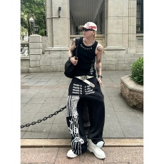 批发美式<b class='q'>街头</b>亚文化黑色宽裤男女夏季新款乐谱印花baggy休闲厚棉裤子