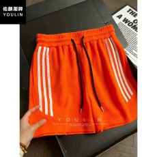 批发亮橙色龙鳞纹短裤男夏季美式三条杆休闲裤子肌理感透气运动四分裤
