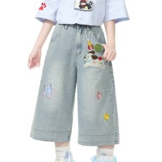批发2026夏季女装毛巾绣小狗卷边设计牛仔短裤女胖mm学生阔腿七分裤