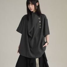 批发新中式小众不规则黑色衬衫短袖<b class='q'>男</b>女高级感痞帅垂感冰丝衬衣<b class='q'>唐装</b>
