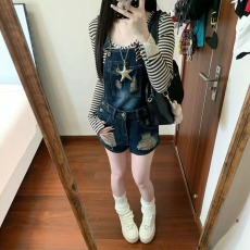 批发小众设计感复古做旧年代感牛仔吊带背带裤<b class='q'>女</b>辣妹超短裤破洞<b class='q'>连体裤</b>