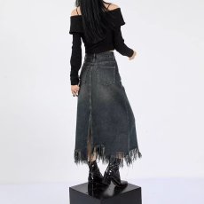 批发复古中<b class='q'>长款</b>鱼尾裙牛仔裙女毛边高腰显瘦A字裙遮跨包臀长裙<b class='q'>半身裙</b>