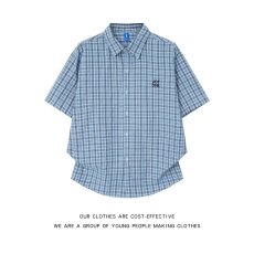 批发2026美式复古格子磨破设计感短袖衬衫男夏季宽松<b class='q'>街头</b>情侣衬衣