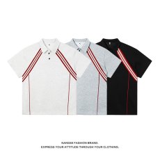 批发条纹拼接<b class='q'>polo</b><b class='q'>衫</b><b class='q'>男</b>夏季韩系高级感正肩短袖学院风情侣款t恤