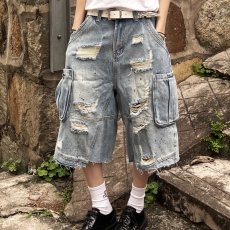 批发潮牌港风乞丐破洞牛仔<b class='q'>短裤</b><b class='q'>男</b>夏季<b class='q'>七分裤</b>薄款潮流时尚重工水洗中裤