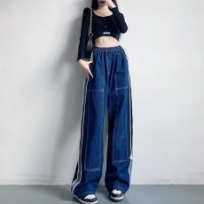 批发2022年秋季新款高腰高腰直筒<b class='q'>牛仔</b>裤女松紧腰高个子显瘦拖地阔腿裤