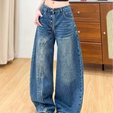 批发美式复古辣妹宽松慵懒松弛感<b class='q'>牛仔</b>裤女设计感水洗多排扣拖地长裤