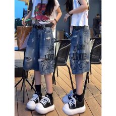 批发美式复古破洞水洗<b class='q'>牛仔</b>七分裤男女高街宽松休闲短裤百搭直筒阔腿裤
