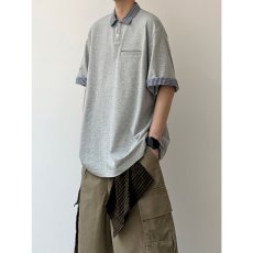批发小众设计感格子翻领拼接假两件<b class='q'>POLO</b><b class='q'>衫</b><b class='q'>男</b>短袖夏季潮牌宽松半袖T恤