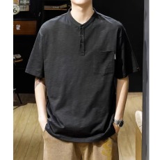批发夏季薄款男士t恤短袖男装衣服潮牌简约口袋修身立领半袖百搭上衣