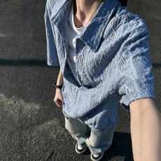 批发雾霾蓝假两件短<b class='q'>袖</b>衬衫男女2026夏季薄款镂空t恤拼接<b class='q'>半截</b><b class='q'>袖</b>慵懒风