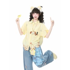 批发可爱日系猫咪刺绣格子条纹短袖衬衫夏季宽松慵懒学院风上衣休闲