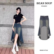 批发美式<b class='q'>街头</b>辣妹A字牛仔裙女夏季高腰水洗做旧设计感不规则半身长裙