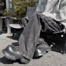 批发美式高街闪电纹刺绣牛仔裤男vibe小众潮牌嘻哈宽松直筒廓形阔腿<b class='q'>裤</b>