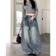 批发美式cleanfit弯刀牛仔裤<b class='q'>女</b>士夏季解构高街阔腿宽松直筒休闲长裤