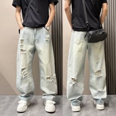 批发夏季破洞牛仔裤<b class='q'>男</b>高街设计感小众直筒裤潮牌美式痞帅微喇<b class='q'>长裤</b>