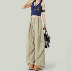 批发小众高街宽松工装休闲裤女卡其色<b class='q'>高腰</b>显瘦新薄款阔腿速干伞兵裤子