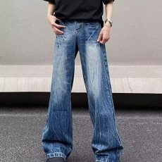 批发复古微喇水洗伐木工装<b class='q'>牛仔裤</b>男中腰显瘦秋季阔腿<b class='q'>直筒</b>长裤
