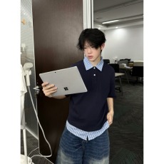 批发藏蓝色格纹假两件<b class='q'>polo</b>领短袖衬<b class='q'>衫</b>cleanfit短宽夏高级感T恤