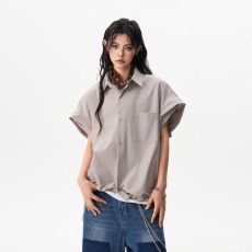 批发夏季小众设计感工装抽绳短袖<b class='q'>衬衫</b>男潮牌宽松情侣半袖百搭<b class='q'>衬衣</b>