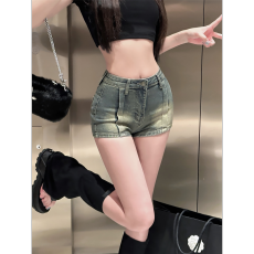 批发复古高腰弹力牛仔短<b class='q'>裤</b>女夏季2026新款修身显瘦辣妹a字<b class='q'>提</b><b class='q'>臀</b>热<b class='q'>裤</b>子