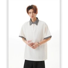 批发休闲格子假两件polo衫短袖男上衣青少年宽松美式潮牌夏季半袖T恤