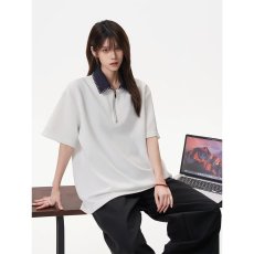 批发美式半拉链短袖POLO衫男夏季潮牌撞色手缝线T恤高街宽松情侣半袖
