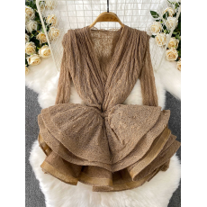 批发<b class='q'>欧美</b>复古风小众性感蕾丝长袖连衣裙女夏季收腰显瘦蓬蓬荷叶边短裙
