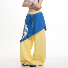 批发美式假两件拼接撞色字母弯刀卫裤<b class='q'>男</b>女潮牌爵士舞设计感阔腿裤