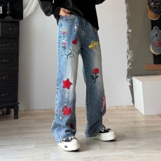 批发男多巴胺重工刺绣<b class='q'>直筒</b>裤中腰<b class='q'>牛仔裤</b>多口袋阔腿裤美式<b class='q'>长裤</b>秋季宽松