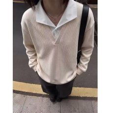 批发美式复古条纹假两件拼接POLO衫<b class='q'>男</b>女春季潮牌情侣宽松长袖上衣