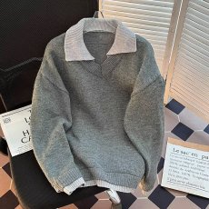批发秋冬季假两件毛衣<b class='q'>男士</b>日系复古宽松休闲慵懒高级感百搭<b class='q'>翻领</b>针织衫