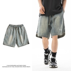 批发<b class='q'>男</b>装下摆三角开叉设计牛仔短裤<b class='q'>男</b>夏季新款美潮绣花宽松五分裤