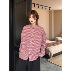 批发美式红<b class='q'>格子</b>纯棉长袖衬衫男女情侣衬衣宽松休闲上衣