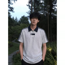 批发美式经典三条杠条纹短袖T恤男款<b class='q'>夏</b>季高级感痞帅半拉炼翻领POLO衫