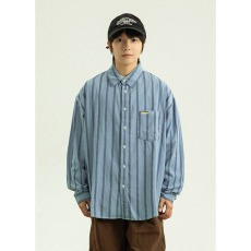 批发蓝色竖条纹<b class='q'>长袖</b><b class='q'>衬衫</b><b class='q'>男</b>女同款秋季宽松上衣百搭休闲<b class='q'>衬衣</b>