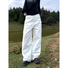 批发金属排扣设计纯色黑白宽松直筒<b class='q'>牛仔裤</b>男女秋冬百搭重磅阔腿裤