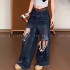 批发美式水洗复古<b class='q'>牛仔裤</b>女夏季薄款破洞乞丐裤子高街宽松百搭微喇裤潮